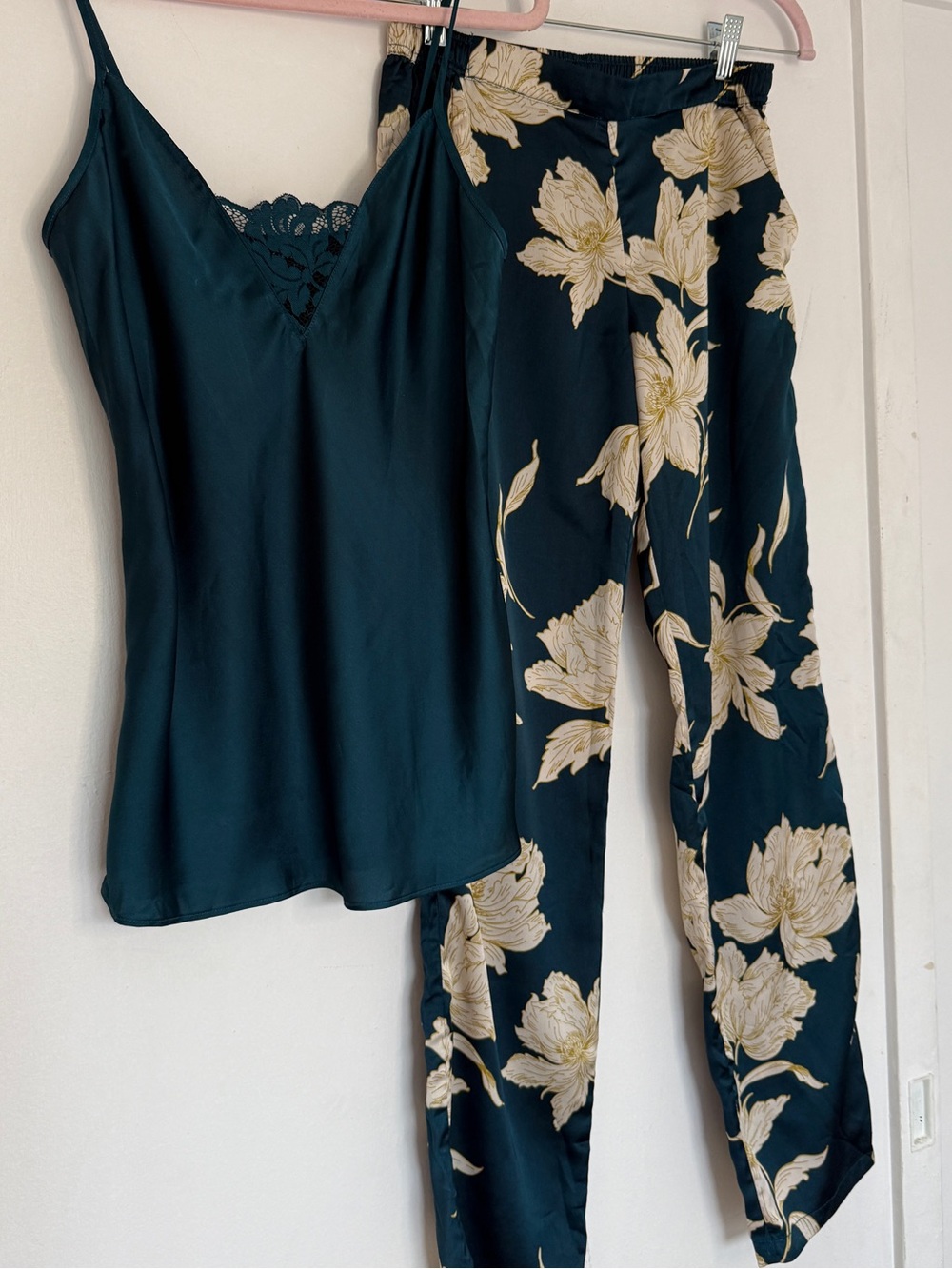 Etam Paris Silky Emerald Green Lace-Trim Pajama Set